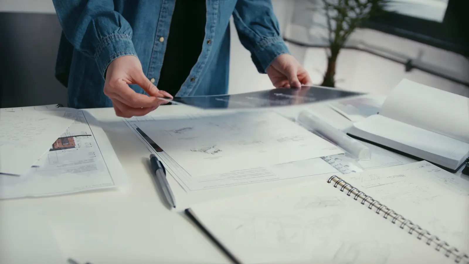 An architect reviewing building plans and a rendering at a design desk